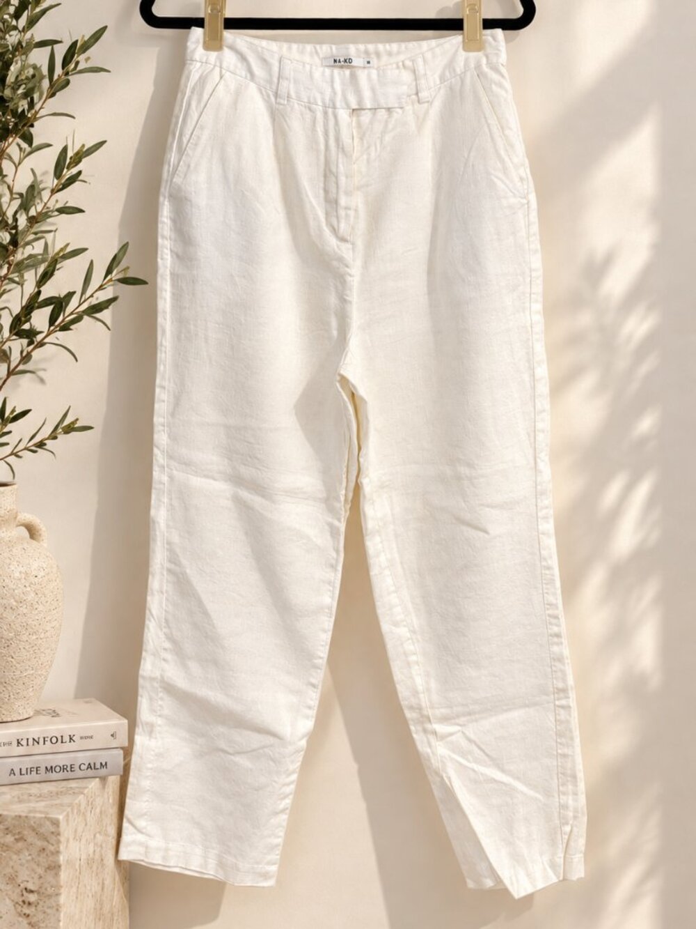NA-KD White Linen Pants Size 38 | High Rise Straight Leg Trousers